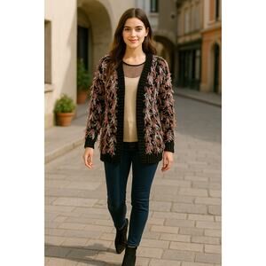 Long Sleeve Cardigan Open Front Popcorn Knit Black